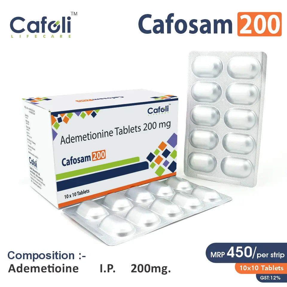 Ademetionine (200mg) Tablet at the best price in PCD Pharma Franchise for Hepatoprotective, Liver Health, and Depression Treatment.